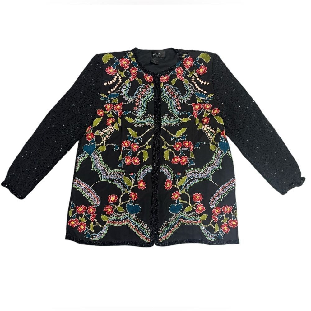 🔥DIANE FREIS vintage 1990s SILK beaded floral embroidered jacket size medium